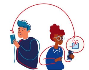 illustrated image of a male and female with a credit card and on their phone donating